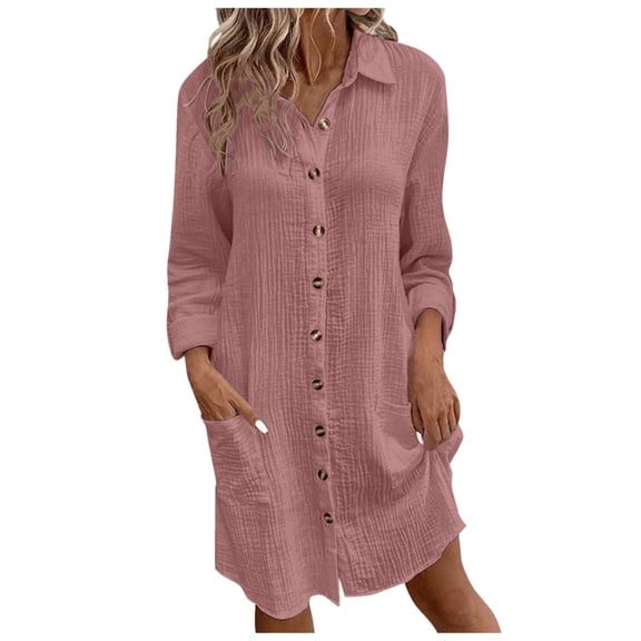 Adeawade Winter Dresses For Women Solid Color Button Mid Length Long Sleeve Loose Shirt Dress Round Neck Dresses Basic Classic Clothes Red Xl
