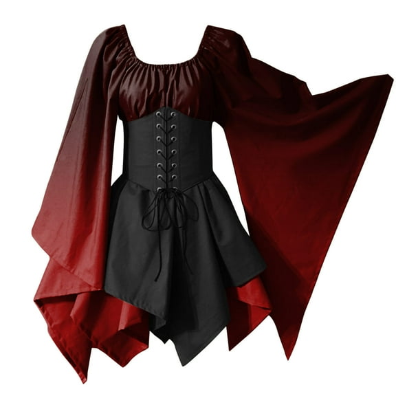 Adeawade Winter Dresses For Women 2025 Flared sleeves Irish Shirt Dress With Corset Traditional Dress Halloween Ladies Long Sleeve Corset Dress Round Neck Dresses Classic Daily Wear Red 2Xl