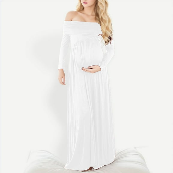 Adeawade Winter Dresses For Women Maternity Feeding Dress Off Shoulder Supplier Maternity Dress Mesh Long Sleeves Trailing Photoshoot Dress Fashion Maternity Clothes White L