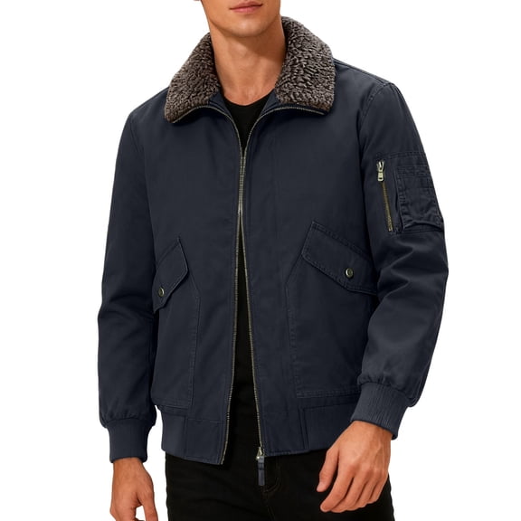 Adeawade Winter Jackets For Men Long Sleeve Bomber Jacket Solid Color Zipper Coats Versatile Wear Blue 3Xl