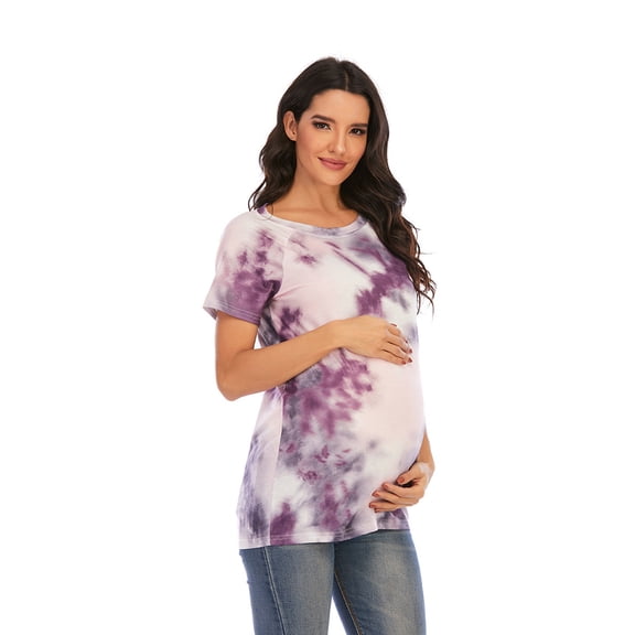 Adeawade Winter Shirts For Women 2025 Long Sleeve Maternity Irregular Tie Dye Hem Tee Shirt Casual Crew Neck Basic Nursed T Shirt Top Breastfeeding Crewneck Shirts Maternity Clothes Purple 2Xl