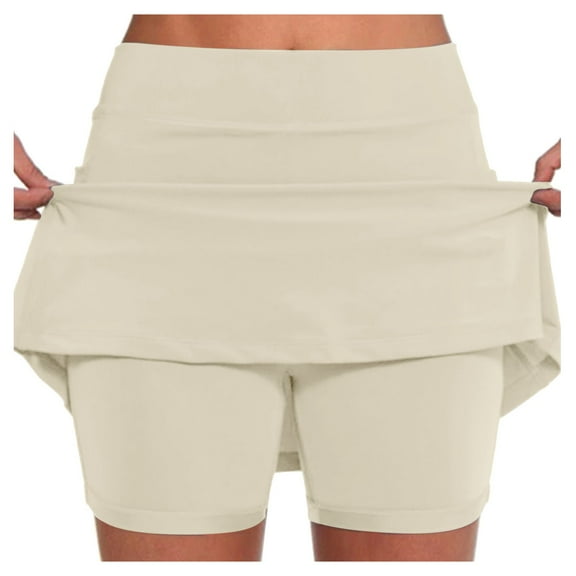 Adeawade Winter Skirts For Women Ladies Solid Color Tennis Pocket Skirt Yoga Sport Skirt Shorts Skirt Basic Classic Clothes Beige L