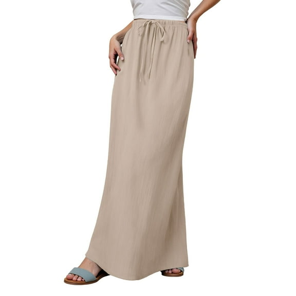 Adeawade Winter Skirts For Women Winter Boho Long Flowy Skirts Linen Maxi Skirts For Lady Drawstring Waist A Line Skirts Basic Classic Daily Wear Beige L