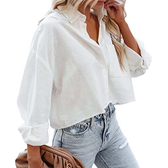 Adeawade Winter Tops For Womens Long Sleeve Shirt Crop Button Up Versatile Business Blouse For Women comfortable basic Clothes White
