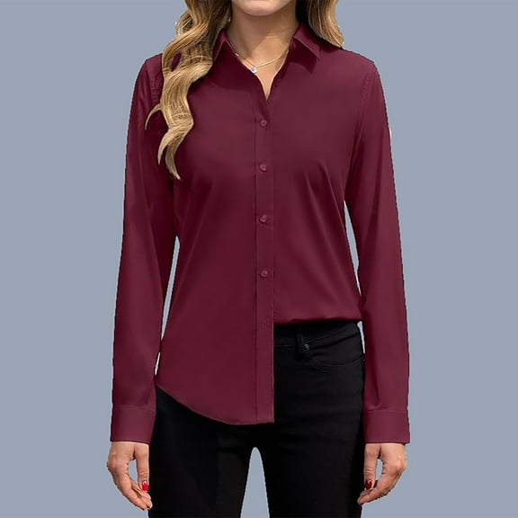 Adeawade Winter Tops For Womens Long Sleeve Shirt Women'S Stain Shield Dress Shirts Shirts Solid Work Business Button Down Shirts Casual basic Clothes Red