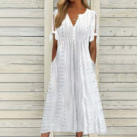 Adeawade Women Dresses Flowy Pleated Dress Solid Lace Hollow Button Pocket Dress Bow Short Sleeve V Neck Midi Dress Classic Wear M White