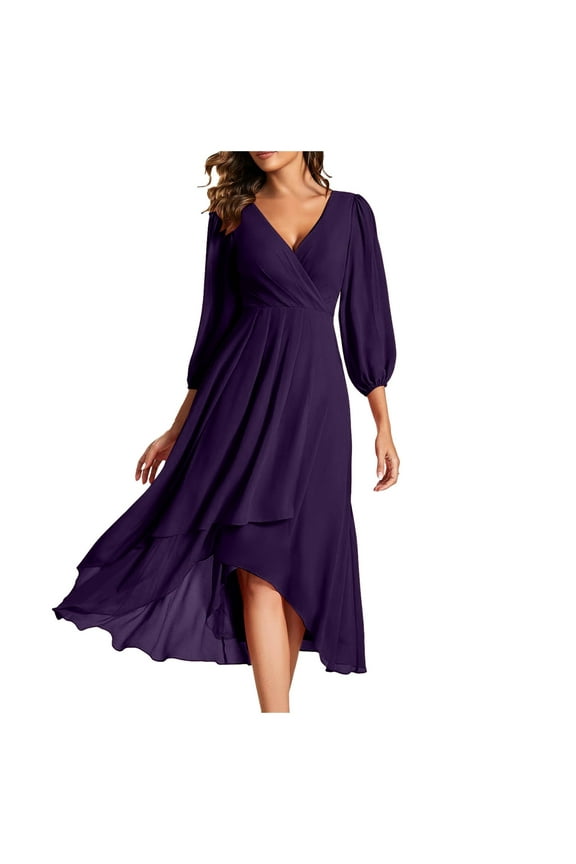 Women Dresses Lady Chiffon Spring V Neck Long Sleeves Pleated A Line Midi Length Wedding Guest Dress Basic Retro Daily Wear Purple L