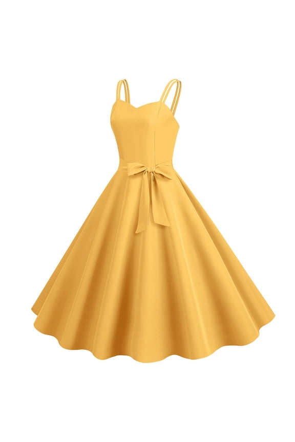 Women Dresses Sleeveless 1950S Housewife Evening Party Prom Dress Ladies Dresses Round Neck Dresses Basic Fashion Daily Wear Yellow Xl