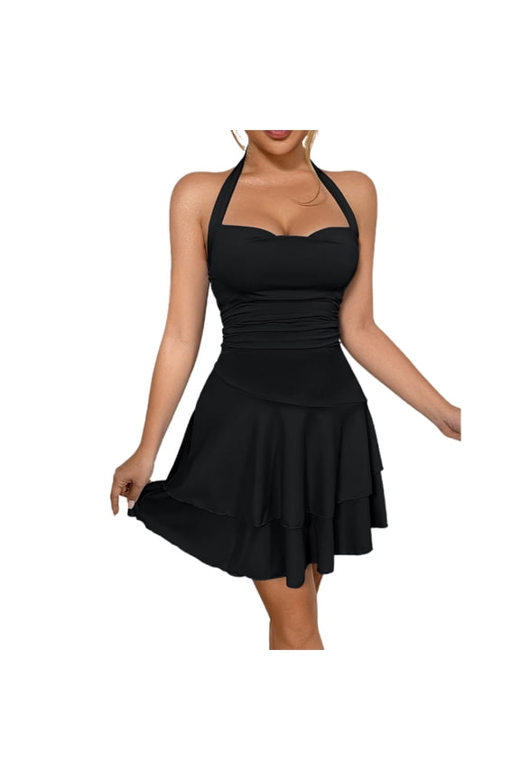 Women Dresses Sleeveless Round Neck Dress Neck Sweetheart Ruched Dress Basic Clothes Black L