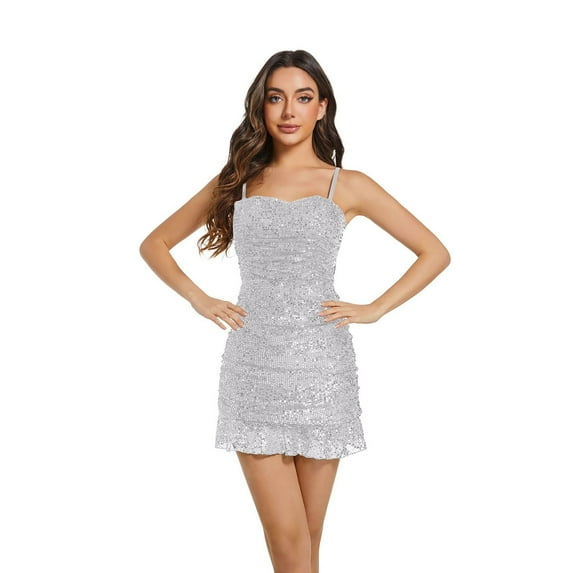 Adeawade Women Dresses Sleeveless V Neck Sparkly Sequin Carnival Party Bodycon Mini Dress Sash Tie Clubwear Stylish Clothes White S