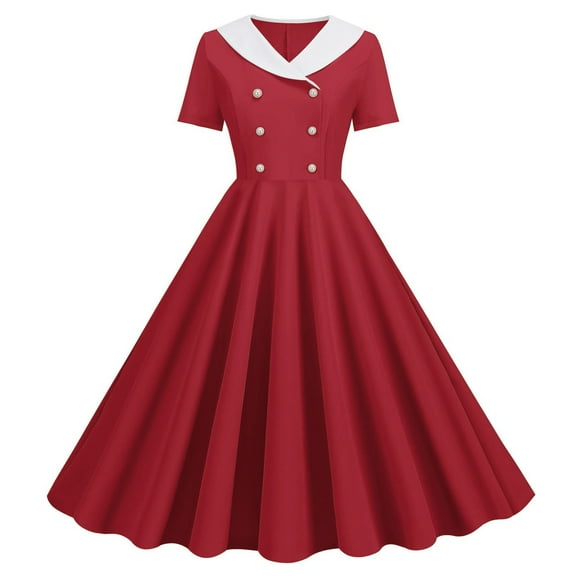 Adeawade Women Dresses Summer Explosion V Neck Short Sleeved Solid Color Retro Double Button Big Swing Dress Lightweight Elegant Clothes Red S