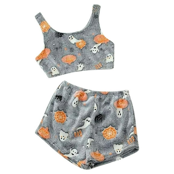 Adeawade Women Pajamas Halloween Ladies' Fashionable Casual Camisole Pumpkin Pajamas Sleeveless Crewneck Vest Tops Shorts 2 Pieces Pj Set Retro Sleepwear Home Clothing Grey L