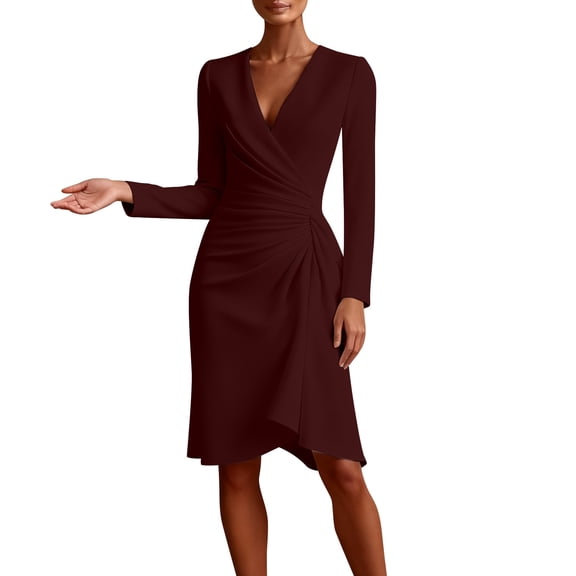 Adeawade Women'S Dresses Long Sleeve V Neck Bodycon Evening Gowndress With Sophisticated Pleated Party Attire Classic Commute And Outings Wear Red L