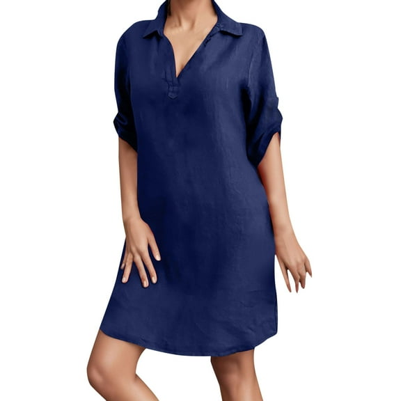 Adeawade Women'S Dresses Short Sleeve Linen Dress V Neck Solid Color Loose Beach Dress Simple Style Cute Daily Wear Blue L
