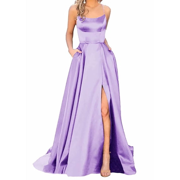 Adeawade Women'S Dresses Sleeveless Prom Dresses Ladies Long Round Neck Backless Spaghetti Party Prom Dress Side Slit Wedding Evening Party Dress With Pockets Retro Clothing 3Xl Purple