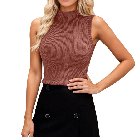 Adeawade Women'S Sweaters Solid Color Knit Sweater Vest Sleeveless Round Neck Pullover Shiny Slim Fit Tops Outwear Relax Fit Clothes Brick Red One Size