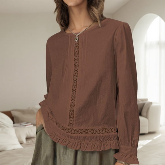 Adeawade Women'S T Shirts Loose Fit Long Sleeve T Shirt Pure Color Linen Blend Top Round Neck Tee Adorable Wear Brown Xl