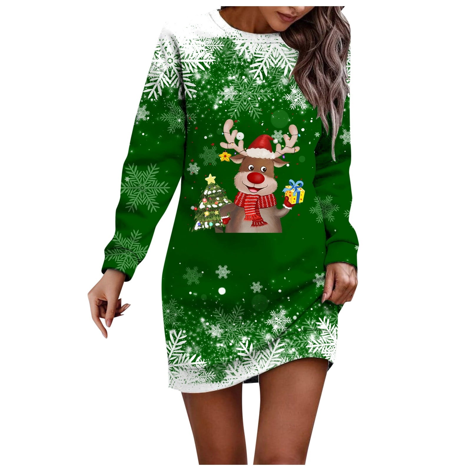 green reindeer dress Adeawade Womens Christmas Printed Sweater Dress Round Neck Long Sleeve Xmas Loose Hoodless Dress Sweet Clothes M 2 in 1 Modest Gown