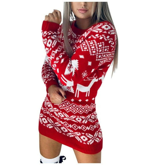 Adeawade Womens Christmas Party Dress Winter Xmas Mini Sweater O Knit Pullover Dress Snowflake Neck Dress Long Sleeve Santa Claus Prints Dresses Classic Wear Red 2Xl