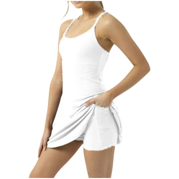 Adeawade Womens Dress Ladies Tennis Dress Square Neck Sleeveless Athletic Dress Side Slit Flare Workout Dress Yoga Dress White Xl