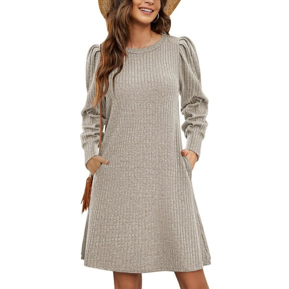 Adeawade Womens Dress Lady Knit Dress Puff Long Sleeve Dress For Fall Winter Round Neck Tunic Dress Basic Soft Clothes Beige Xl