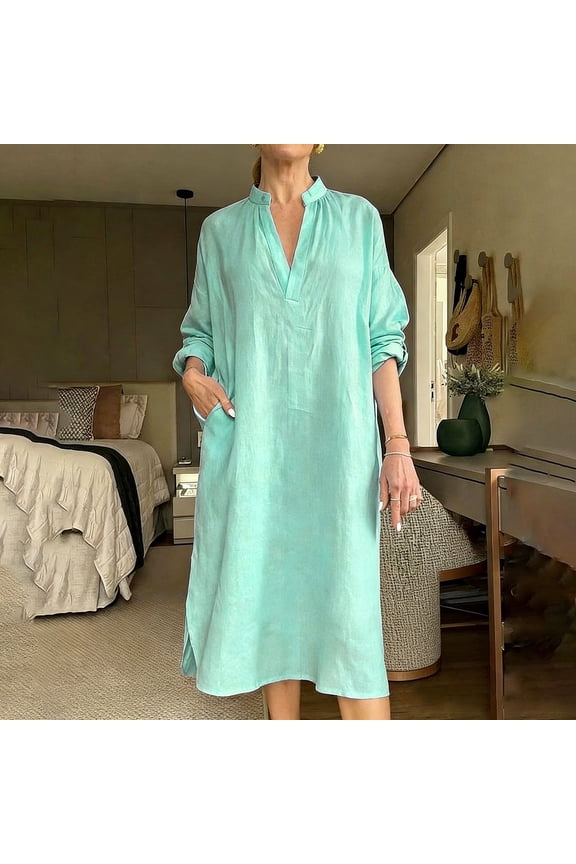 Womens Dress Loose Fit Style Long Sleeve Dress With Pocket Loose Fit Linen Blend Crewneck Dresses Leisure Clothing M Mint Green