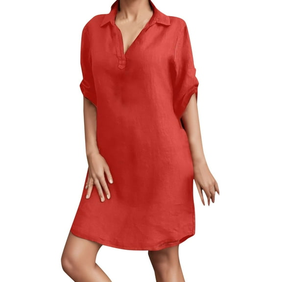 Adeawade Womens Dress Short Sleeve Linen Dress V Neck Solid Color Loose Beach Dress Lightweight Fashion Clothes Hot Pink S