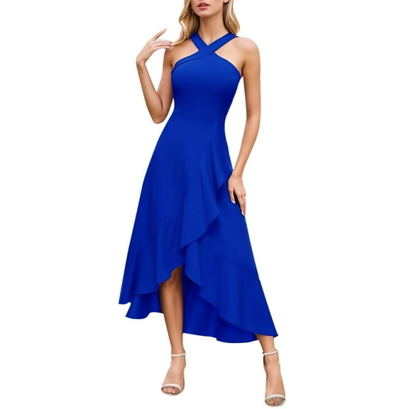 Adeawade Womens Dress Sleeveless Prom Dresses Round Neck Solid Color Hemline Party Dress Trend Wear Blue S