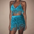thumbnail image 1 of Adeawade Womens Dress Sleeveless Round Neck Sequin Belly Tassel Wrap Mini Skirt Club +Vest Set Basic Clothing One Size Light Blue, 1 of 2