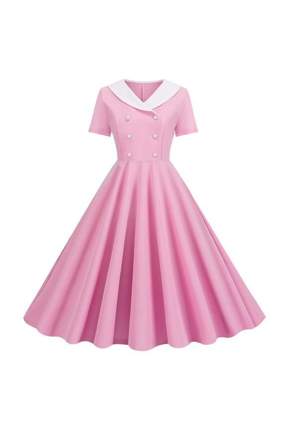 Womens Dress Summer Explosion V Neck Short Sleeved Solid Color Retro Double Button Big Swing Dress Lightweight Classic Clothes Pink 2Xl