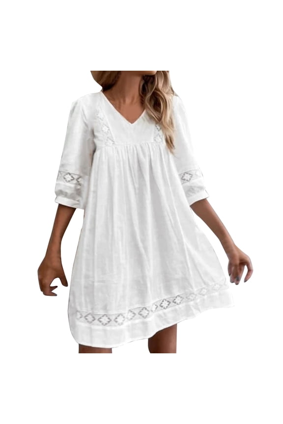 Womens Dress Summer Lace Boho Dresses V Neck Short Sleeve Dress Beach Dress Swing Dress Slim Lace Midi Dress Lightweight Cute Clothes White S