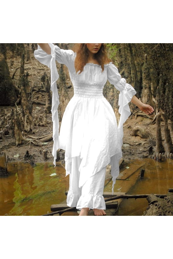 Womens Dress V Neck Trumpet Sleeve Irish Shirt Dress With Corset Traditional Dress Gothic Retro Long Sleeve Corset Dress Versatile Wear 4Xl White