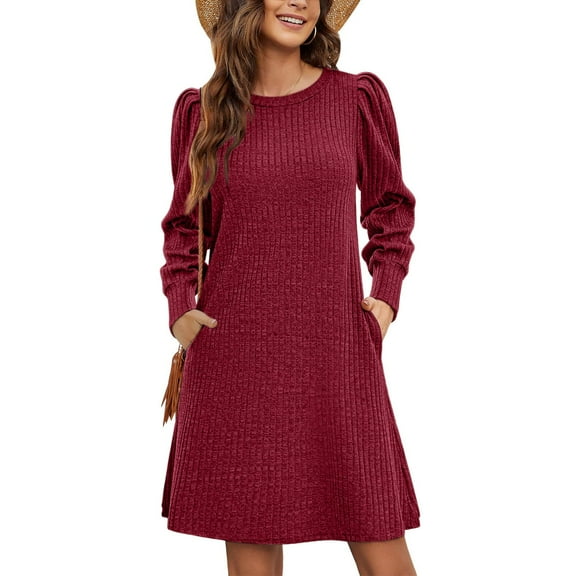 Adeawade Womens Dresses Lady Knit Dress Puff Long Sleeve Dress For Fall Winter Round Neck Tunic Dress Lightweight Classic Clothes Red S