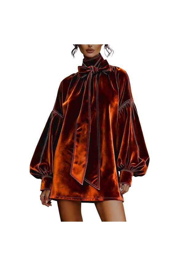 Womens Dresses Long Sleeve Round Neck Bow Detail Sleeve Dress Flowy Midi Length Casual Clothes Brown Xs