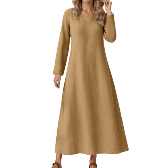 Adeawade Womens Dresses Round Neck Long Sleeve Midi Dress Loose Fit Solid Color Tunic Dress Casual Clothes Khaki M