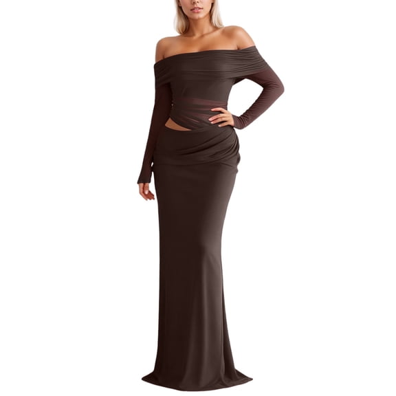 Adeawade Womens Dresses Round Neck Long Sleeve Off Shoulder Long Maxi Dress With Sheer Mesh Insert Flowy Evening Party Gown Casual Clothes Brown L