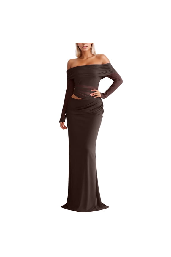 Womens Dresses Round Neck Long Sleeve Off Shoulder Long Maxi Dress With Sheer Mesh Insert Flowy Evening Party Gown Casual Clothes Brown L
