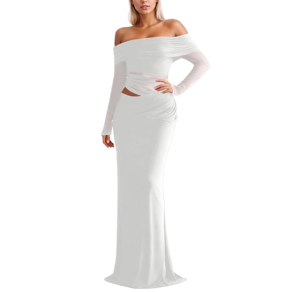 Adeawade Womens Dresses Round Neck Long Sleeve Off Shoulder Long Maxi Dress With Sheer Mesh Insert Flowy Evening Party Gown Casual Clothes White M