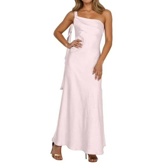Adeawade Womens Dresses Round Neck Sleeveless Solid Color Suspenders Satin Slit Dress Casual Clothes Pink S