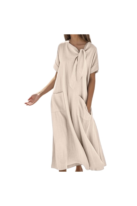 Womens Dresses Short Sleeve Round Neck Flowy Dress With Bow Pocket Loose Fit Maxi Dress Spring Summer Fall Outfit Casual Clothes Beige L