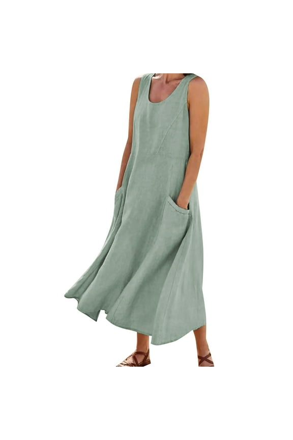 Womens Dresses Sleeveless Solid Color Round Neck Pockets Flowy Long Dress Daily Tank Dress Retro Clothing 2Xl Mint Green