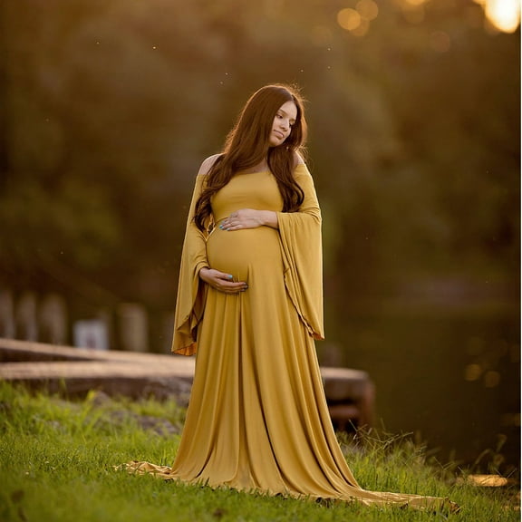 Adeawade Womens Fall Dresses Pregnants Crewneck Photography Props Long Sleeve Off Shoulders Maternity Solid Dress Fashion Maternity Clothes Yellow 3Xl