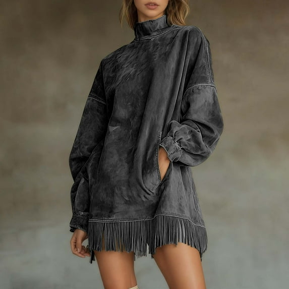 Adeawade Womens Summer Dresses Fringe Long Sleeve Dress With High Neck Relaxed Fit And Pockets Flowy Tunic Dresses Versatile Clothing 2Xl Grey