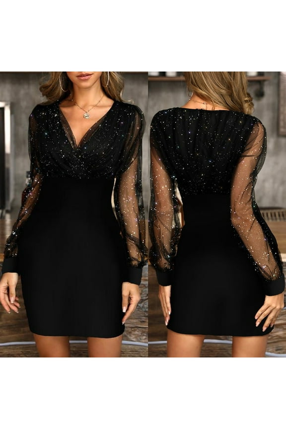Womens Summer Dresses Sleeveless Black Dresses Sequins New V Neck Female Black Retro Party Culb Dress Simple Clothes M Black