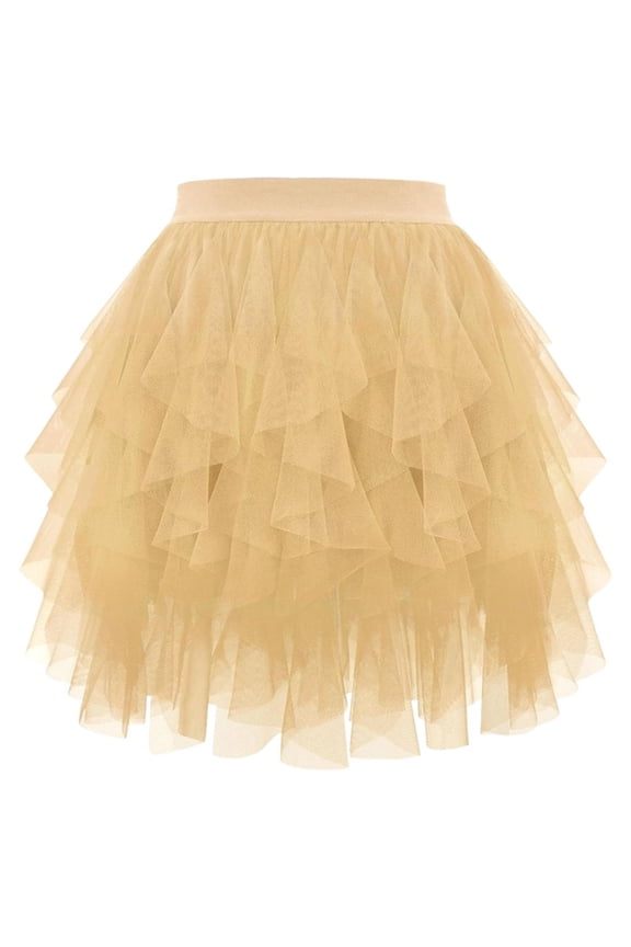 Womens Summer Skirts Chiffon Layered Skirt Flowy Puffy Short Hem Flounce Solid Color Ruffle Waist High Low Asymmetrical Party Dress Lovely Clothes Gold Xl