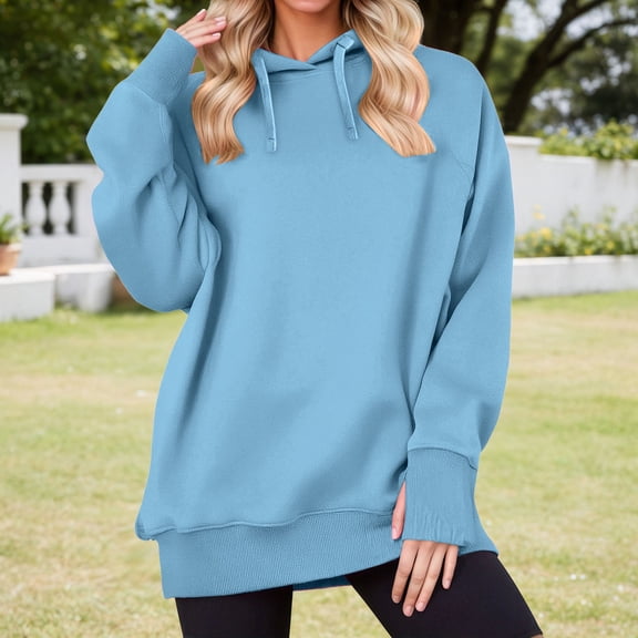 Adeawade Womens Sweatshirts Long Sleeve Hooded Sweatshirt Pullover Hoodie Solid Color Blouses Fall Winter Soft Tops Classic Clothes Sky Blue M