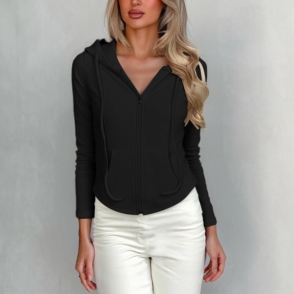 Adeawade Womens Sweatshirts Long Sleeve Hoodies Solid Color Cardigans Zipper Lightweight Fit Sweatshirt Fall Winter Soft Tops Soft Clothes Black Xl