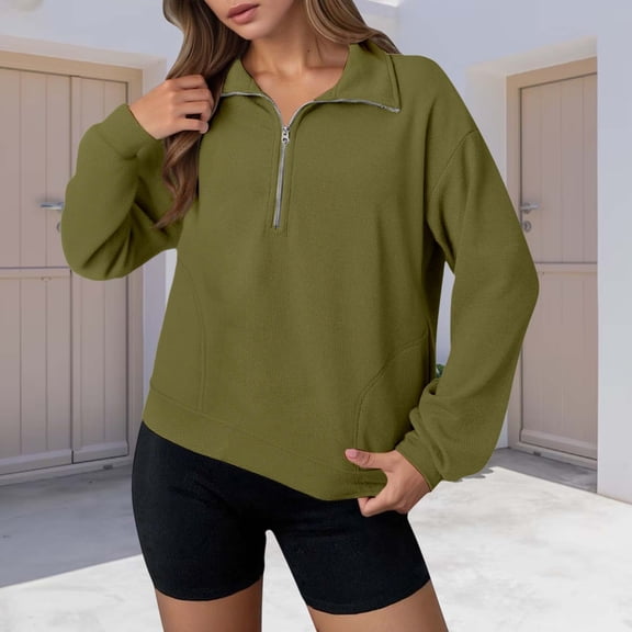 Adeawade Womens Sweatshirts Long Sleeve Zip Up Sweatshirt Pullover Blouses Stand Collar Loose Fit Basic Outerwear For Daily Wear Fall Fashion Fall Winter Soft Tops Casual Clothing Green L