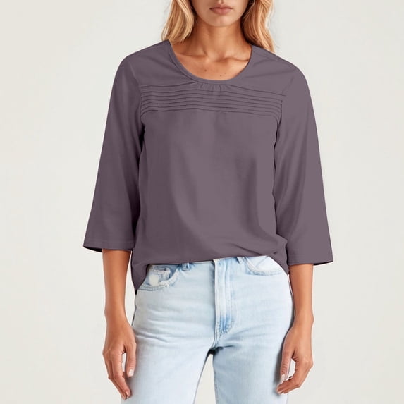Adeawade Womens T Shirts 3/4 Sleeve Tops Round Neck Solid Color Simple Style Tee Clothes 3Xl Pp1