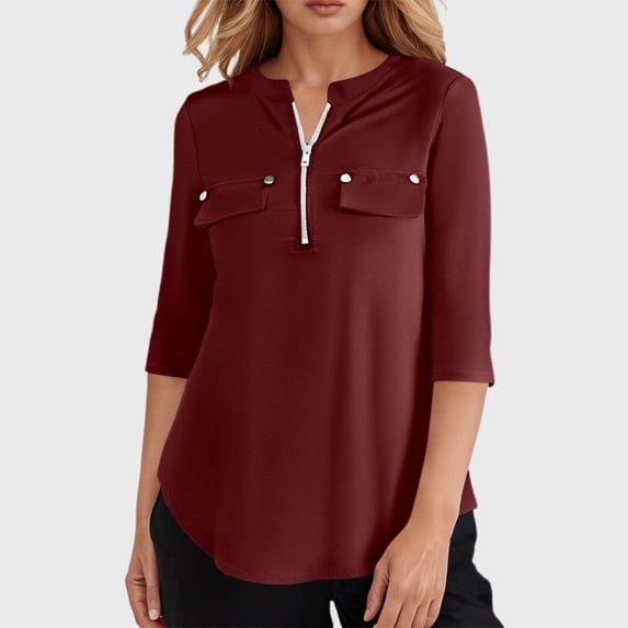 Adeawade Womens T Shirts 3/4 Sleeve Zippered Round Neck Solid Color Simple Style Tee Clothing S Rd1